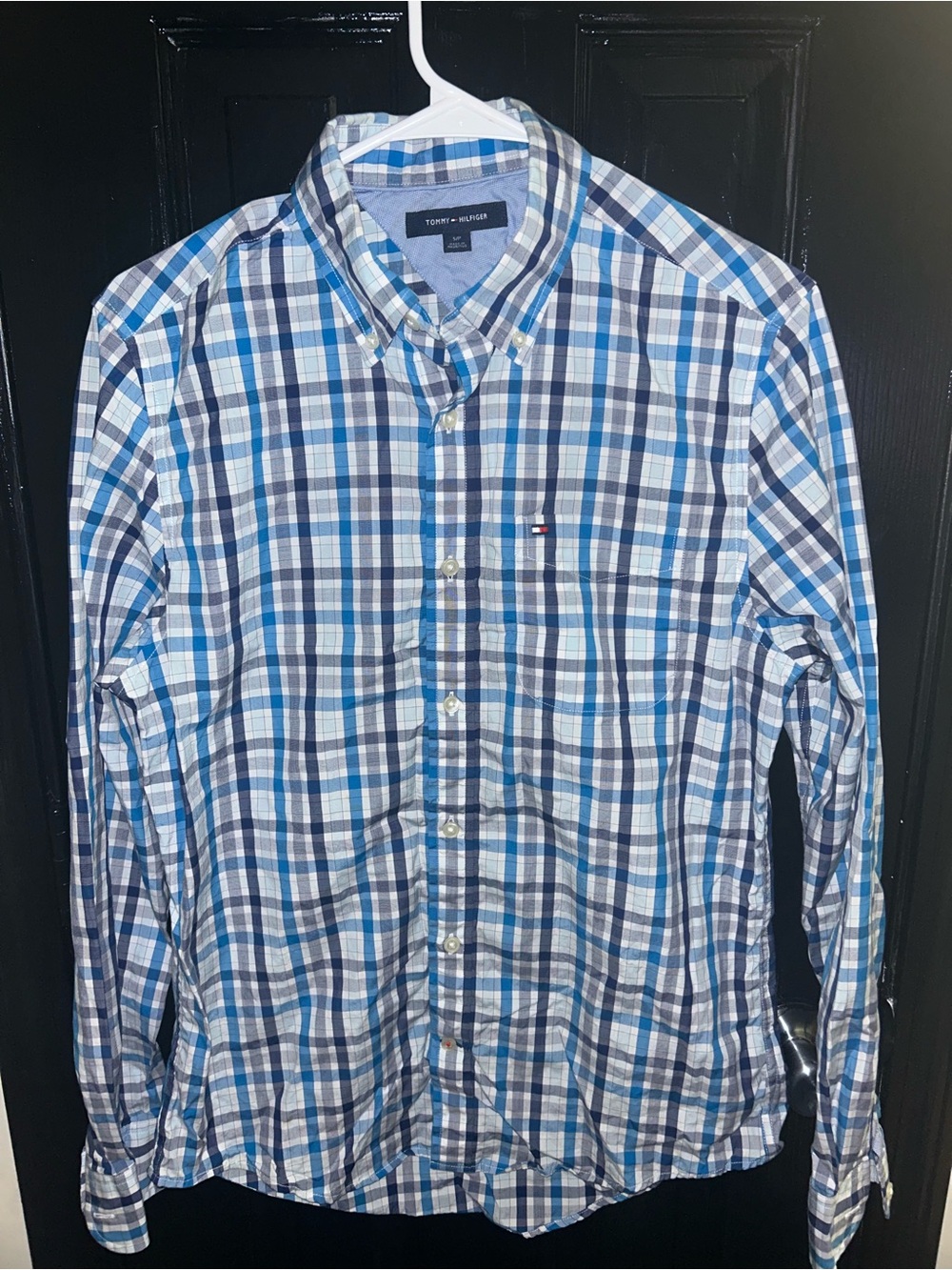 Tommy Hilfiger Men’s Blue and White Plaid Button-Down Shirt